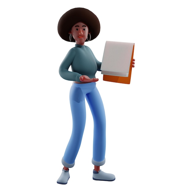 Ilustração 3D A garota afro 3D tem um caderno com uma pose de explicação e tem mil cabelos fofos