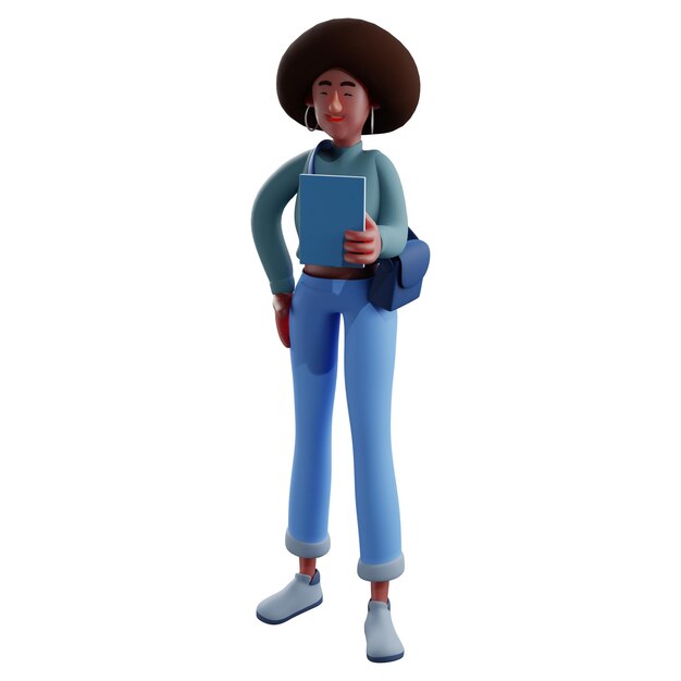 Foto ilustração 3d a personagem 3d afro girl ativa funcionará com um caderno na mão usando um visual legal