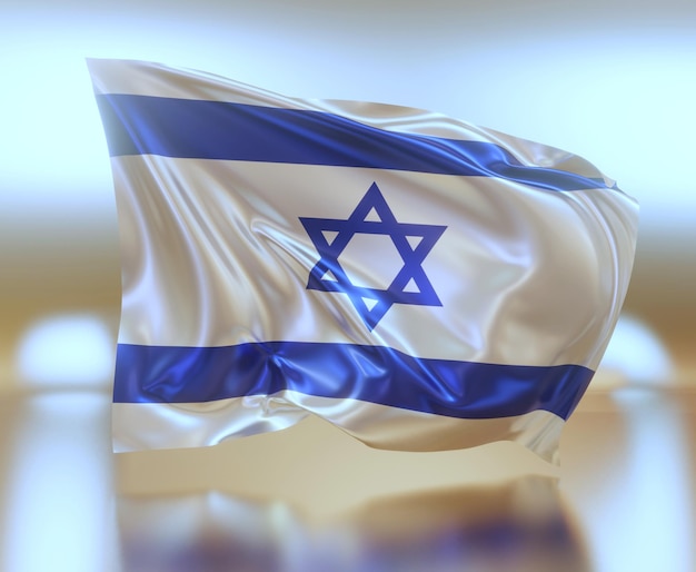 ilustração 3d abstrata da bandeira de israel em tecido brilhante ondulado na superfície reflexiva e mancha borrada