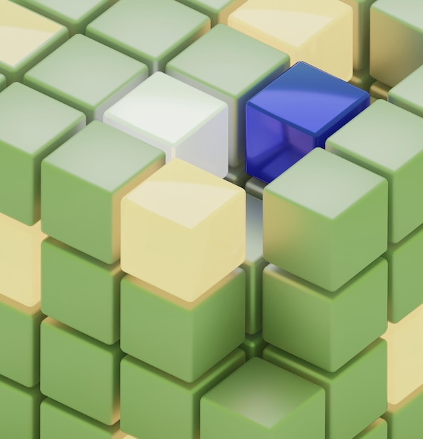 Foto ilustração 3d abstrata de cubos verdes amarelos azuis e brancos empilhados