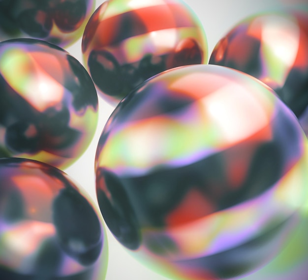Ilustração 3d abstrata de esferas brilhantes coloridas listradas sobrepostas em um fundo branco com bl