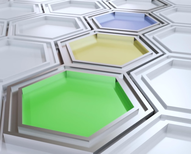 ilustração 3d abstrata de hexágonos verdes amarelos e azuis com moldura prateada entre hexágonos brancos wi