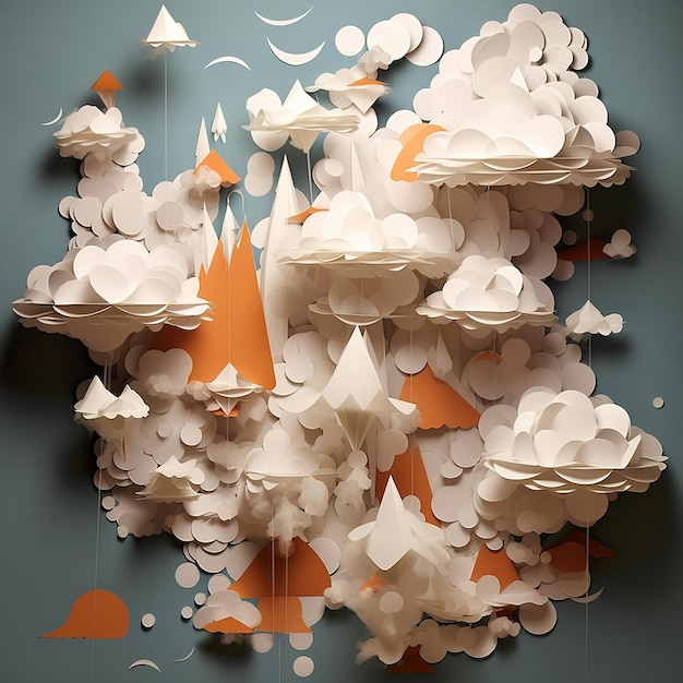 Ilustração 3d abstrata de nuvens de papel na forma de uma montanha