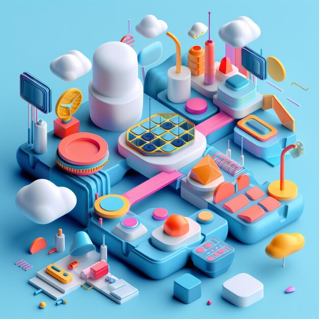 Ilustração 3D abstrata de uma paisagem urbana colorida com formas geométricas e nuvens