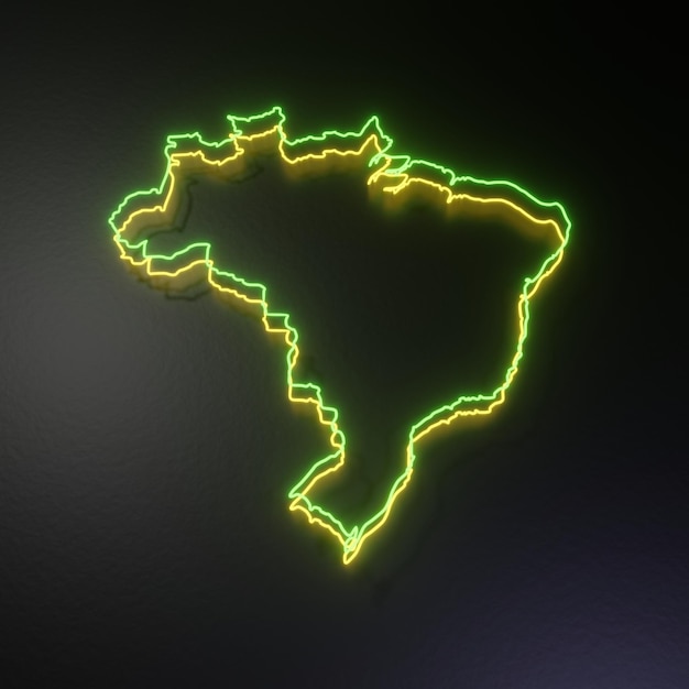 ilustração 3d abstrata do contorno do mapa do brasil em tubos de néon verde a amarelo em fundo texturizado preto