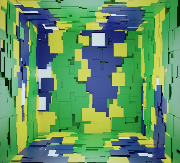 Ilustração 3d abstrata do interior do cubo alinhado com interpenetrantes amarelo branco e azul verde c