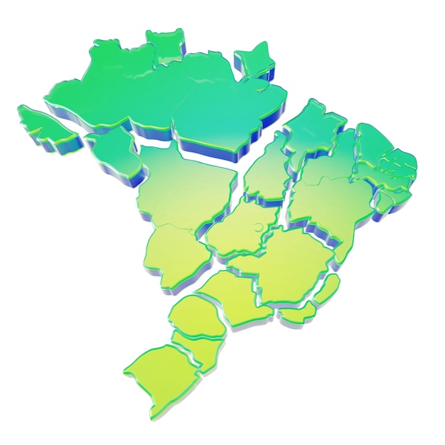 Foto ilustração 3d abstrata do mapa do brasil em gradiente verde e amarelo dividido em estados isolados em