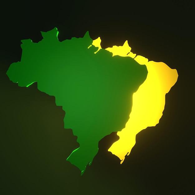 Foto ilustração 3d abstrata do mapa do brasil verde e amarelo iluminado sobreposto em gradi verde escuro