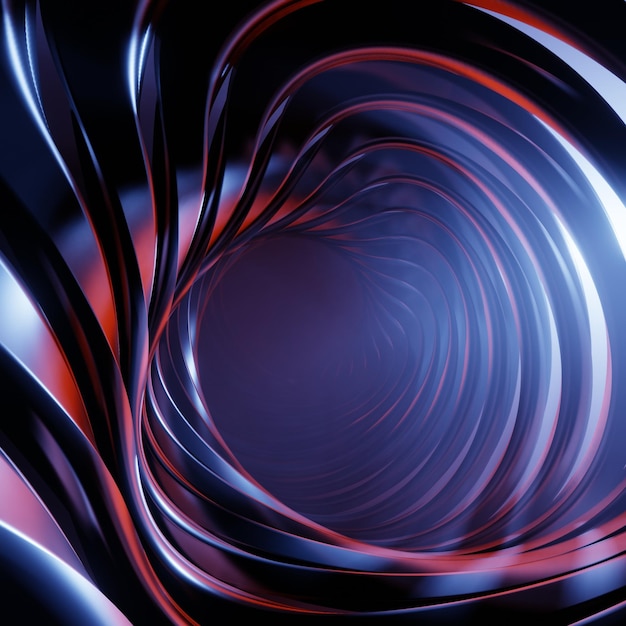 ilustração 3d abstrata do túnel espiral preto reflexivo com reflexos coloridos vermelhos e azuis em