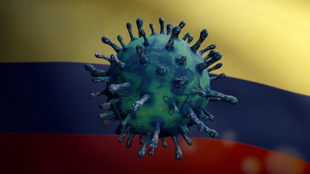 Ilustração 3d acenando a bandeira colombiana e o conceito de coronavirus 2019 ncov. surto asiático na colômbia, o coronavírus da gripe é um caso de cepa de gripe perigoso como uma pandemia. vírus do microscópio covid19