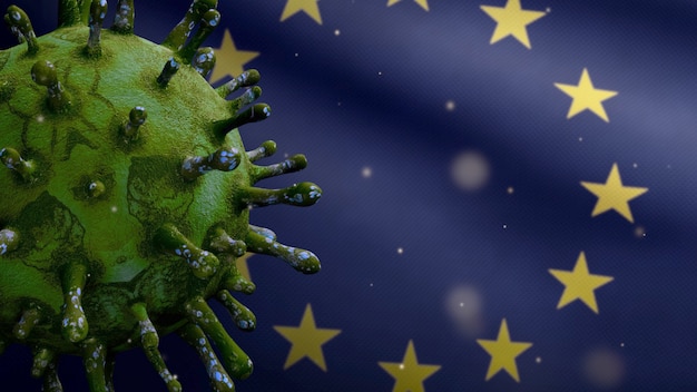 Ilustração 3D acenando a bandeira da União Europeia e o conceito de Coronavirus 2019 nCov. Surto na Europa, coronavírus influenza tanto casos perigosos de gripe quanto pandemia. Vírus do microscópio Covid 19