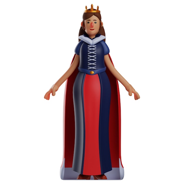 Ilustração 3D adorável personagem 3D Queen com um rosto bonito com uma pose graciosa mostrando uma beleza
