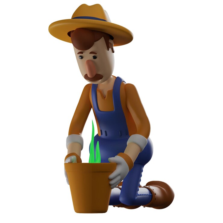 Foto ilustração 3d agricultor ilustração de desenho animado 3d plano de plantação sentado agachado na frente de uma flor