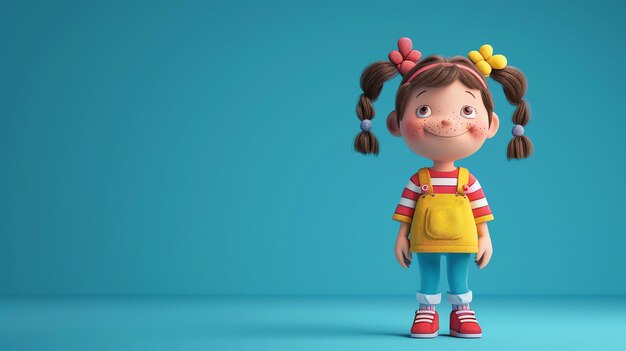 Foto ilustração 3d alegre de uma menina bonita com cabelo castanho e sardas vestindo uma camisa amarela e calças de ganga azuis