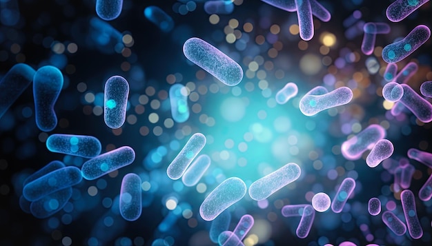 Ilustração 3D altamente renderizada de bactérias em fundo azul