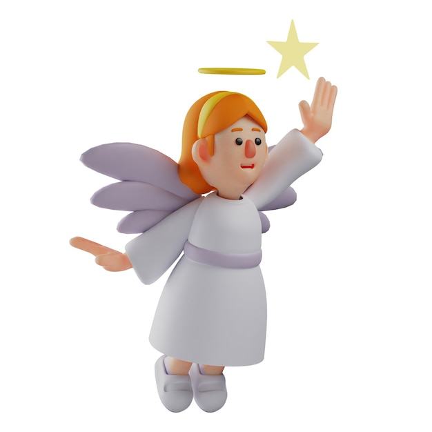 Foto ilustração 3d anjo cartoon personagem acenando com a mão com a pose voando para as mãos acima é