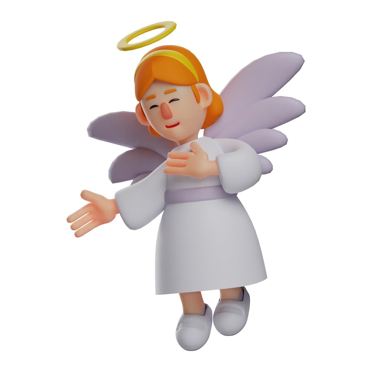 Foto ilustração 3d anjo dos desenhos animados 3d com rosto sorridente, as mãos estão no peito com um sorriso doce