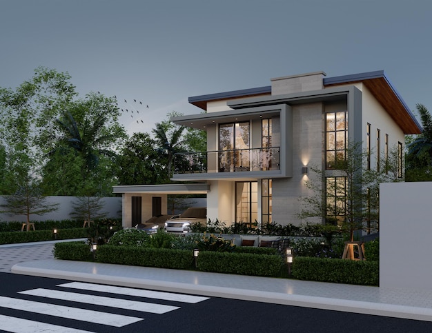Ilustração 3D arquitetura estilo moderno casa de dois andares telhado cinza branco renderização