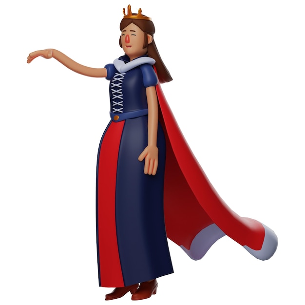 Ilustração 3D As mãos acenam Ilustração 3D do personagem Cartoon Friendly Queen vestindo uma linda