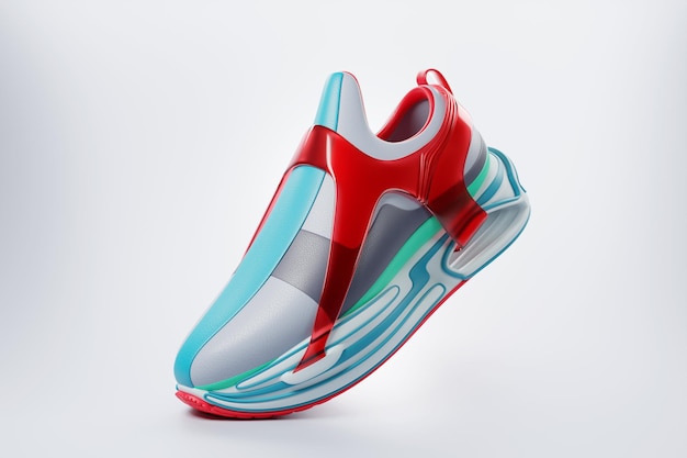 Ilustração 3D azul e vermelho novos tênis esportivos em uma enorme sola de espuma tênis em um estilo feio Tênis da moda
