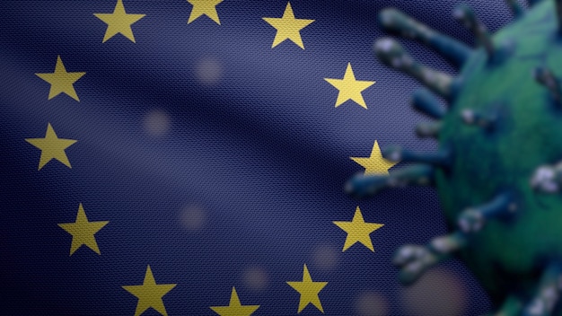 Ilustração 3d bandeira da união europeia acenando com surto de coronavirus infectando o sistema respiratório como gripe perigosa. vírus da influenza covid 19 com a bandeira nacional da europa soprando ao fundo