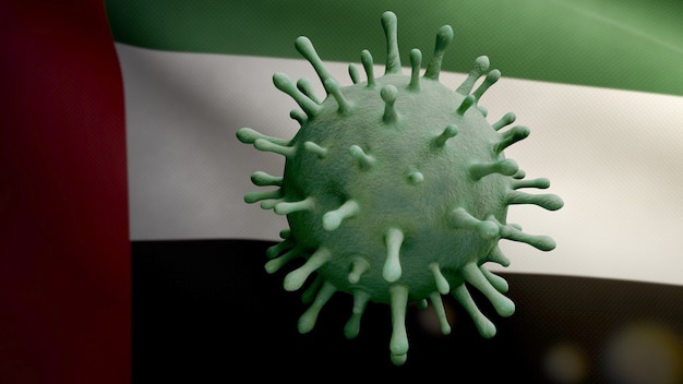 Ilustração 3D Bandeira dos Emirados Árabes Unidos acenando com surto de Coronavirus infectando o sistema respiratório como uma gripe perigosa. Vírus Covid 19 do tipo influenza com banner nacional dos Emirados Árabes Unidos ao fundo