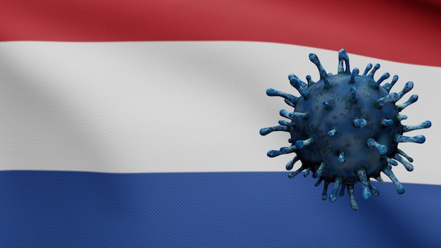 Ilustração 3d bandeira holandesa acenando com surto de coronavirus infectando o sistema respiratório como gripe perigosa. vírus covid 19 do tipo influenza com fundo de sopro da bandeira nacional da holanda. pandemia