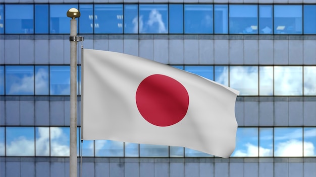 Ilustração 3D bandeira japonesa acenando em uma cidade moderna de arranha-céus. Bela torre alta com a bandeira do Japão soprando em seda macia. Fundo de estandarte de textura de tecido de pano. Conceito de país do dia nacional