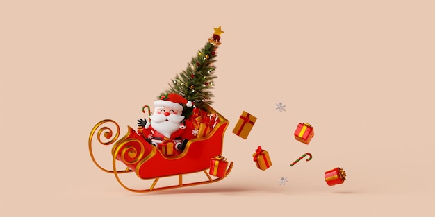 Ilustração 3D Banner de Natal do Papai Noel no trenó com caixa de presente e árvore de Natal