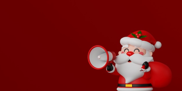 Ilustração 3D Banner de Natal Papai Noel segura megafone para propaganda