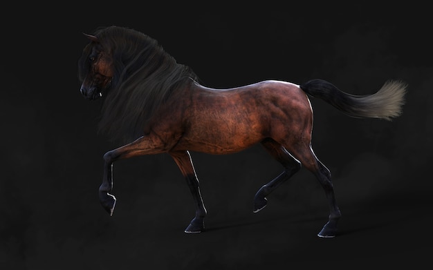 Ilustração 3D Belo Cavalo Marrom Pose Longa Juba Isolada em Fundo Escuro com Traçado de Recorte