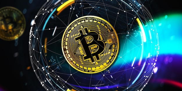 Ilustração 3D Bitcoin no fundo digital com planeta
