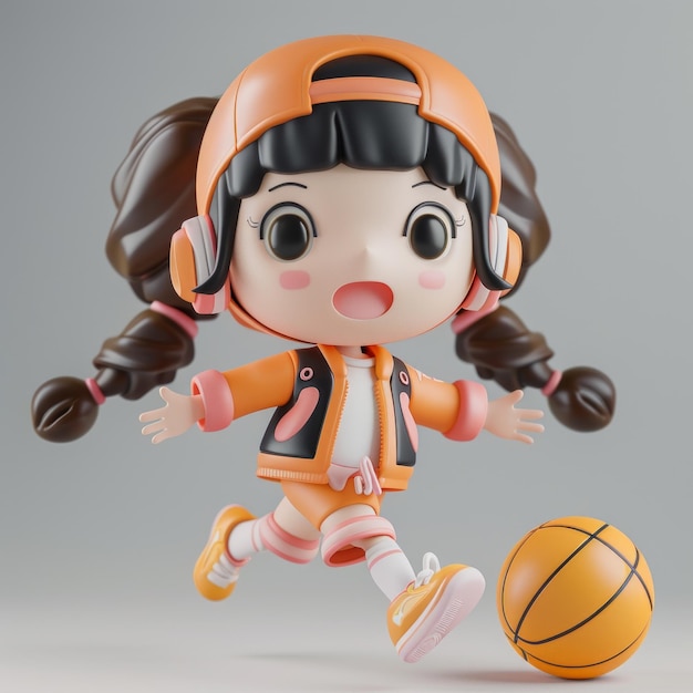Ilustração 3D bonita de uma menina chibi jogando basquete