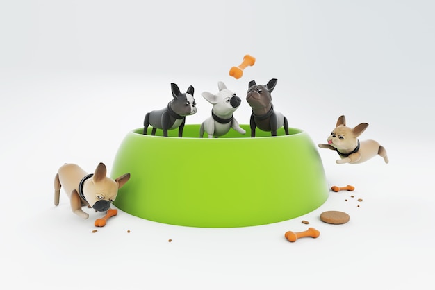 Ilustração 3D cachorro brincando com uma grande tigela de comida