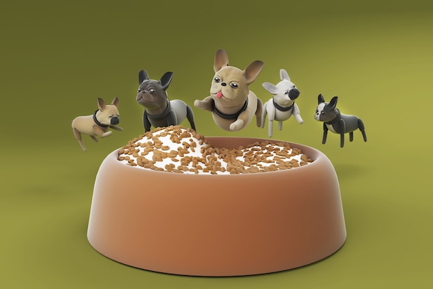 Ilustração 3D cachorro pulando na tigela de comida