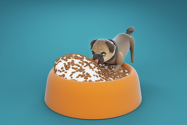 Ilustração 3D cão pug lambendo comida