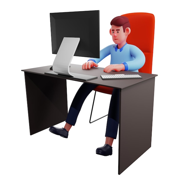 Ilustração 3D Cartoon Cute Worker trabalhando na mesa com uma pose de frente para o computador sentado