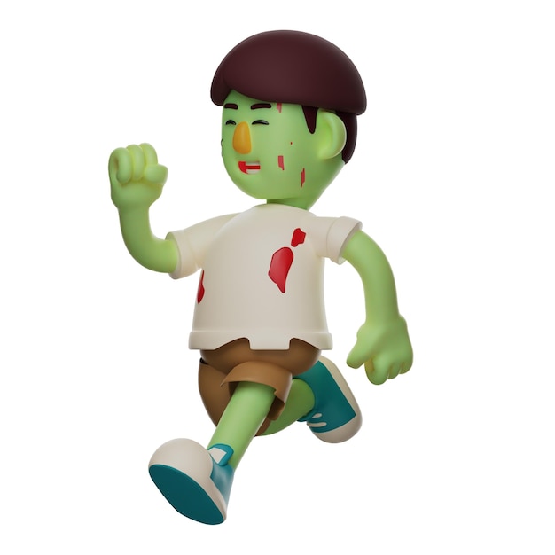 Ilustração 3D Cartoon Zombie Smiley 3D corre rápido com uma expressão apressada com um corpo verde