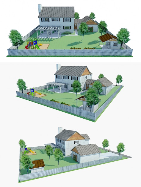ilustração 3D Casa moderna com jardim e garagem renderização em 3d