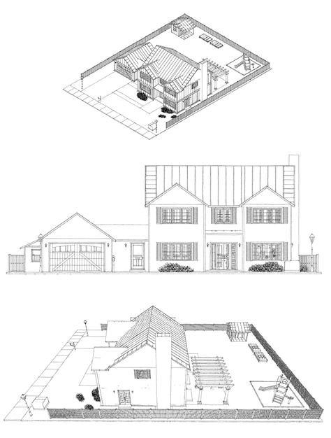 ilustração 3D Casa moderna com jardim e garagem renderização em 3d