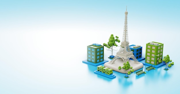 ilustração 3d cidade de fundo de Paris com a torre Eiffel como marco e edifícios ao redor