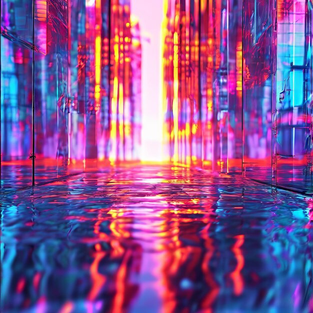 Ilustração 3D cidade futurista cidade de ficção científica com luzes de néon e linhas fundo abstrato
