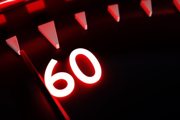 Ilustração 3D close-up do relógio preto redondo, o cronômetro mostra o número 60. Cronômetro, cronômetro vintage