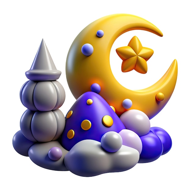 Foto ilustração 3d colorida com arco-íris de lua e elementos de jogo