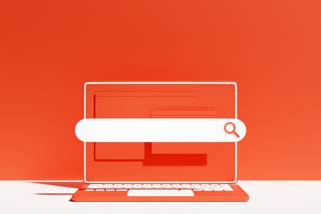 Ilustração 3D colorida de um laptop moderno com uma barra de pesquisa de informações em um fundo rd O conceito de comunicação via Internet redes sociais bate-papo vídeo notícias mensagens pesquisa no site