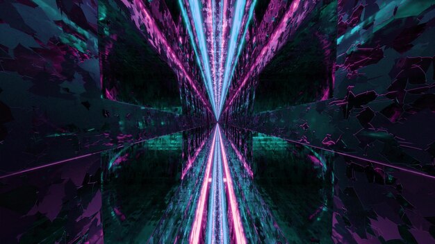 Ilustração 3D com raios de néon brilhantes no túnel 4K UHD