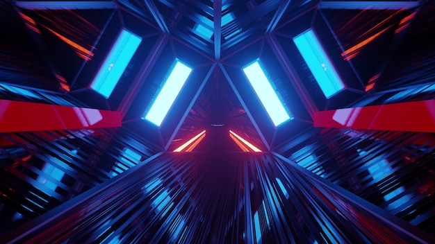 Ilustração 3D com túnel futurista em forma de triângulo com iluminação de néon azul em 4K UHD
