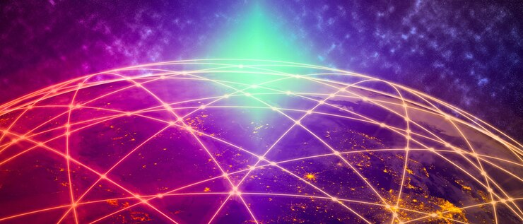 Foto ilustração 3d, comunicação criativa moderna global e mapa da rede de internet