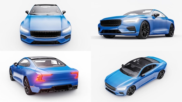 ilustração 3d Conceito carro esportivo cupê premium Carro azul sobre fundo branco Plugin híbrido Tecnologias de transporte ecológico renderização em 3d