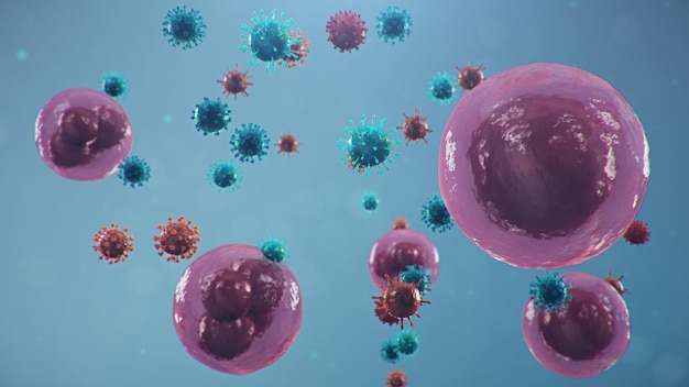 Ilustração 3D Conceito de coronavírus sob o microscópio. Células humanas, o vírus infecta as células. Epidemia, pandemia que afeta o trato respiratório. Infecção viral fatal.